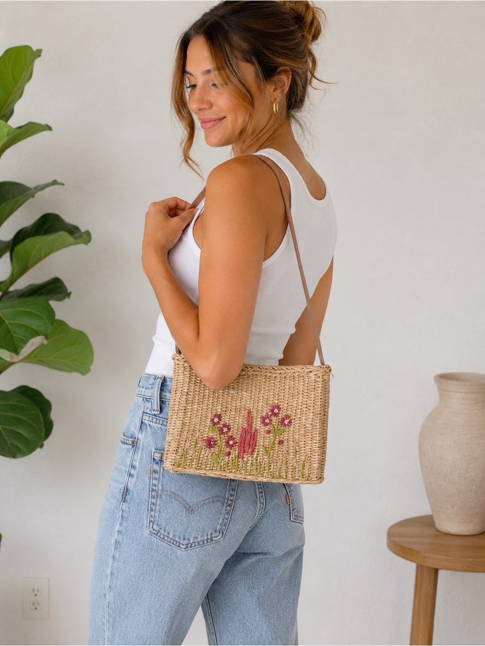 Charter Club Floral Woven Straw Shoulder Bag